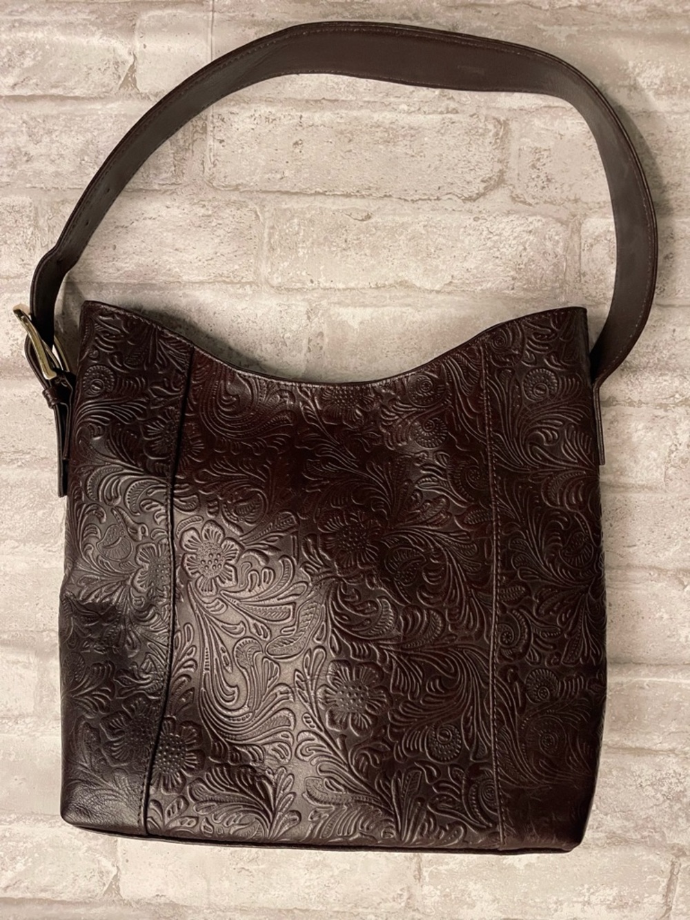 Embossed Floral Leather Shoulder Bag - Dark Brown